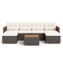 7 Pieces Wicker Conversation Set with Wood Armrests for Backyard-White