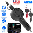 21W 3 In 1 Retractable Car Charger Fast Car Charger Mini Car Phone Charger with USB Port Type-C Cable LT & Micro Cable Fit For IOS Phone 15/14/13 And