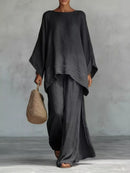 Full Size Round Neck Top and Wide Leg Pants Set Plus Size