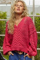 POL Cable-Knit Solid V-Neck Cropped Sweater