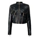 Heavy-duty PU Leather Moto-style Cropped Jacket With A Stand Collar And Zip Front
