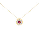 14K Yellow Gold Plated Silver Created Red Ruby and Diamond Baguette Medallion Pendant Necklace