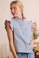 SO ME Stripe Twill Stitch Ruffled Hidden Button Vest Top