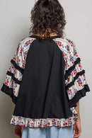 POL Round Neck Half Sleeve Contrast Floral Lace Oversized Knit Top