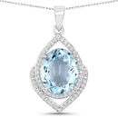 3.82 Carat Genuine Aquamarine and White Diamond 14K White Gold Pendant