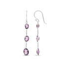 .925 Sterling Silver Checkerboard Cut Oval Purple Amethyst 2" Inch Drop and Dangle Earrings