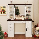 Farmhouse Vanity Desk with Barn-Style Sliding Mirror and 3 Lighting Modes-White
