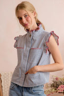 SO ME Stripe Twill Stitch Ruffled Hidden Button Vest Top