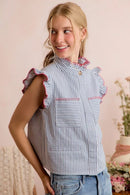 SO ME Stripe Twill Stitch Ruffled Hidden Button Vest Top