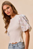SO ME Floral Cotton Contrast Sleeves Scallop Sweater Top