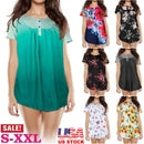 Women Summer Shirts Tops Loose Short Sleeve T Shirts Casual Floral Printed Button Shirts Blouse S-XXL