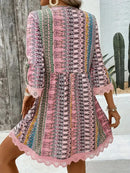 Lace Trim Printed V-Neck 3/4 Sleeve Dress