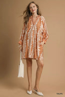 Umgee Leaf Print Notched Mini Babydoll Dress