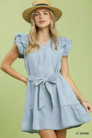 Umgee Chambray Ruffled Denim Dress with Side Pockets