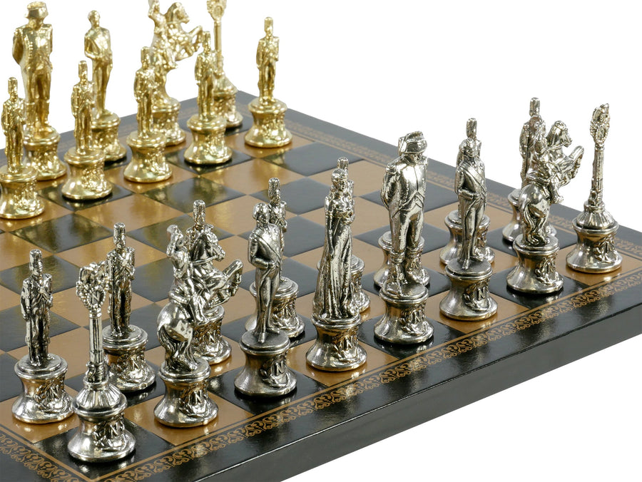 Chess Set- Napoleon Character Metal Men on Gold/Black Leather Chess Board