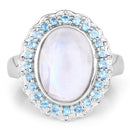 7.21 Carat Genuine White Rainbow Moonstone & Swiss Blue Topaz .925 Sterling Silver Ring