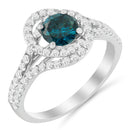 14K White Gold 1-1/3 Cttw White & Blue Diamond Interweaving Double Halo Cocktail Statement Ring (G-H and Fancy Blue Color, SI2-I1 Clarity) - Size 6