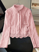 Hollow-out Suit-collar Long-sleeve Single-breasted Casual Lace-patchwork Blouse