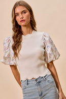 SO ME Floral Cotton Contrast Sleeves Scallop Sweater Top