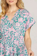 She + Sky Full Size Ruffled Hem Printed Surplice Kimono Sleeve Mini Dress Plus Size