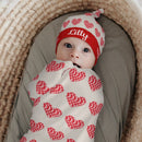 Personalized Baby Swaddle Blanket and Hat Set with Custom Name - Pixel Heart Cross-Stitch Design Newborn Gift Set