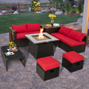 9 Pieces Patio PE Wicker Sectional Set with 50000 BTU Fire Pit Table
