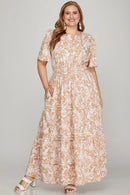 She + Sky Printed Notched Woven Tiered Pintuck Maxi Dress with Side Pockets