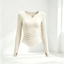 Small V-neck Pleated-waist Long-sleeve Womens Top
