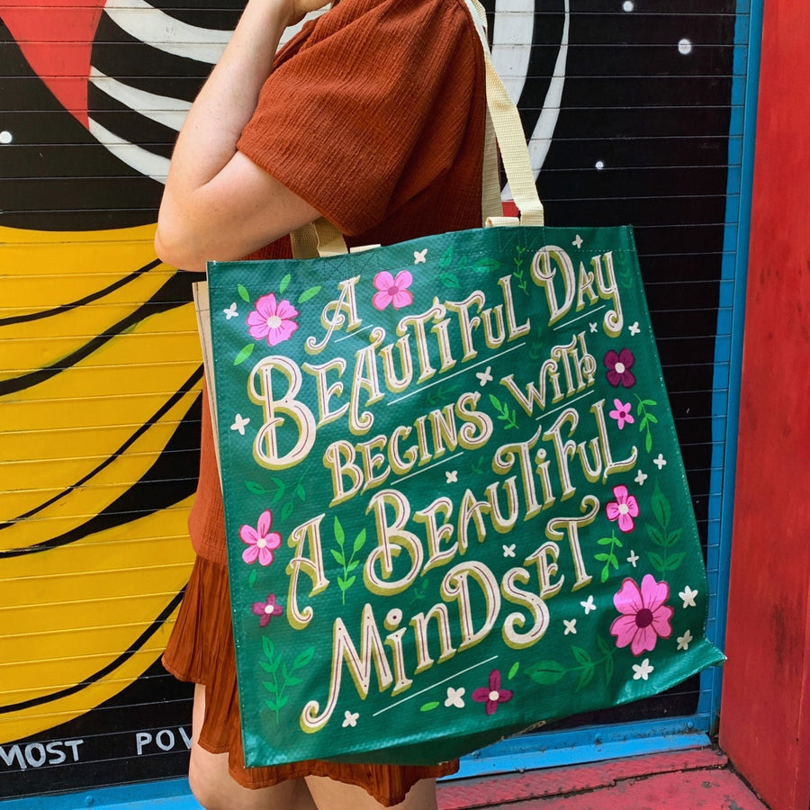A Beautiful Day Begins With A Beautiful Mindset Floral Market Tote Bag | 15.50