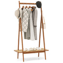 Bamboo Clothes Rack with Hanging Rod Rattan Shelf and Copper Hooks