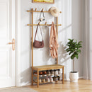 Bamboo Coat Rack PE Rattan Hall Tree with Bench and Shoe Storage 3-In-1 Entryway Bench