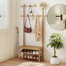 Bamboo Coat Rack PE Rattan Hall Tree with Bench and Shoe Storage 3-In-1 Entryway Bench