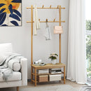 Bamboo Coat Rack PE Rattan Hall Tree with Bench and Shoe Storage 3-In-1 Entryway Bench