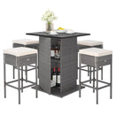 5 Pieces Outdoor Wicker Bar Table Set with Hidden Storage Shelves-White
