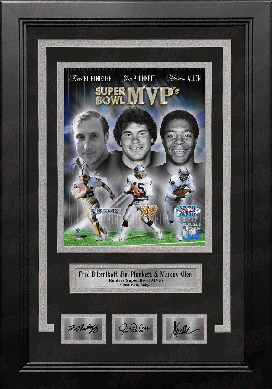 Fred Biletnikoff, Jim Plunkett, & Marcus Allen Raiders 8x10 Framed Photo with Engraved Autographs