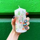 Boho Flowers Mini Pillar Candle | Aesthetic Unscented Table Decor Floral Cylindrical Candle 4.75"