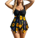 Sunflower print skirt style swimsuit with mesh splicing swimsuit
