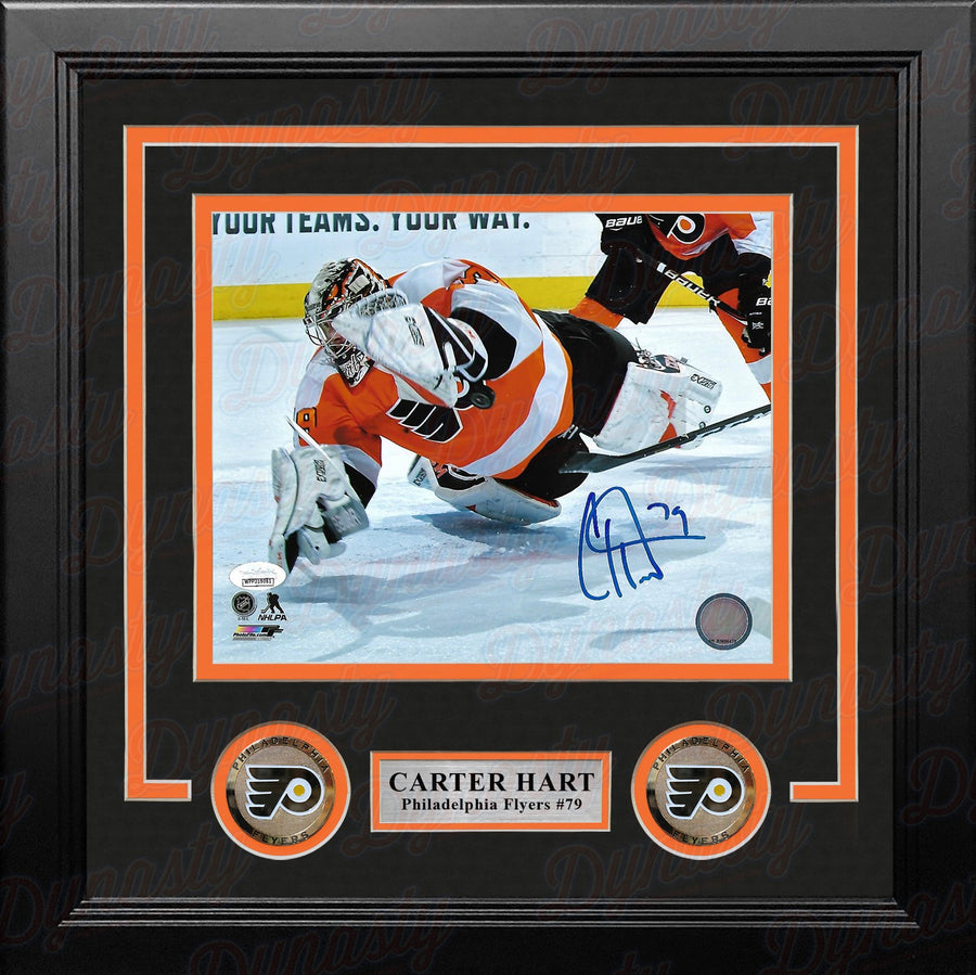 Carter Hart Philadelphia Flyers Diving Save vs. Canucks Autographed Framed Hockey Photo