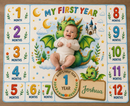 Personalized Dragon Baby Milestone Blanket with Name - My First Year Dragon and Castle Design with 12 Colourful Month Squares and Baby Name on Gold Scroll Banner