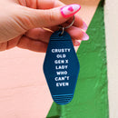 Crusty Old Gen X Lady Who Can't Even Keychain and Tote Bag Bundle | Motel Style Keyholder and Black Canvas Tote