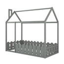 {Slats are not included}Twin Size Wood Bed House Bed Frame with Fence for Kids Teens Girls Boys {Gray}