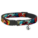 MARVEL COMICS Cat Collar Breakaway - 4-Superhero Action Poses Comic Scenes White Black Full Color Splatter
