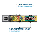 DC LEAGUE OF SUPER-PETS Logo Full Color Black/White Seatbelt Buckle Collar - DC LEAGUE OF SUPER-PETS 6-Superhero Pet Poses Collage Yellows