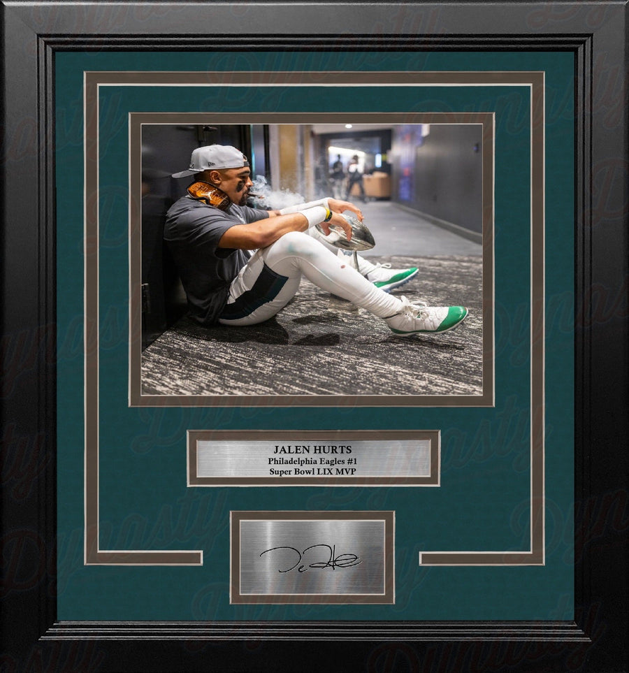 Jalen Hurts Cigar & Trophy Philadelphia Eagles Super Bowl 8x10 Framed Photo with Engraved Autograph