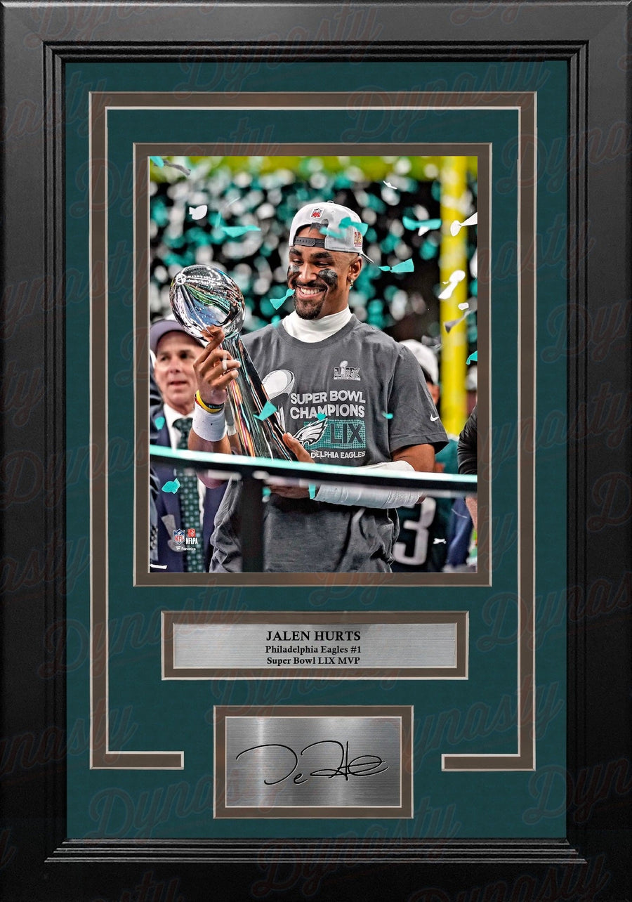 Jalen Hurts Trophy Philadelphia Eagles Super Bowl Champions 8x10 Framed Photo & Engraved Autograph
