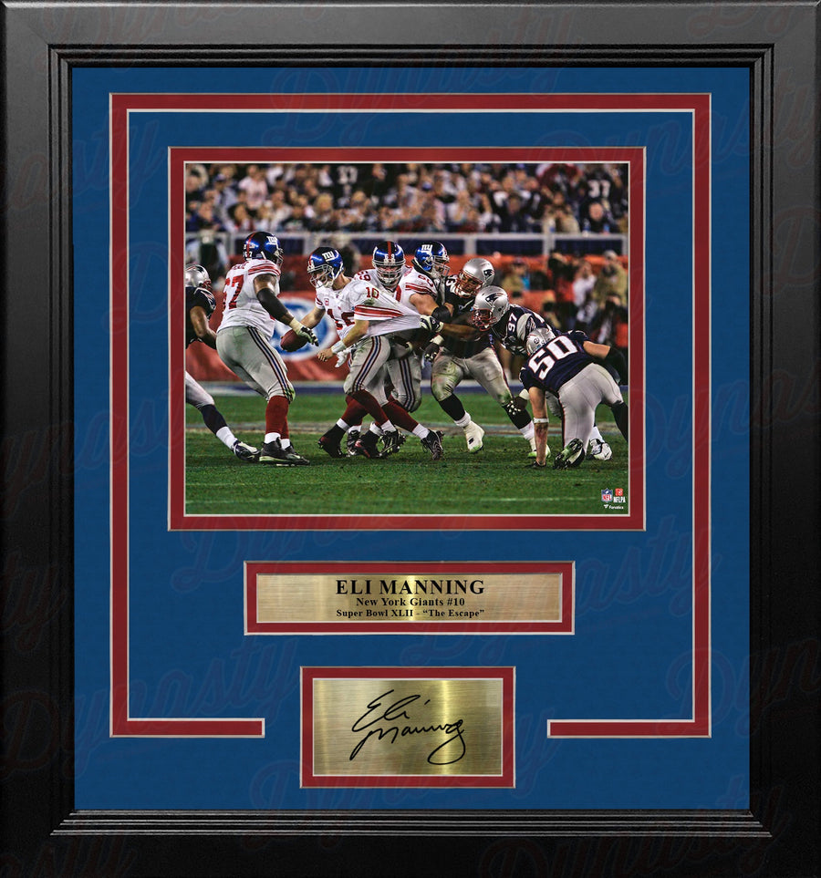 Eli Manning Super Bowl XLII Sack Escape New York Giants 8x10 Framed Photo with Engraved Autograph