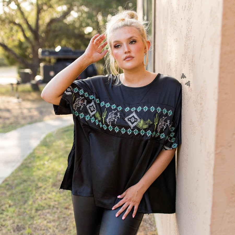 Embroidered Western Motif Poncho Style Satin Look Top