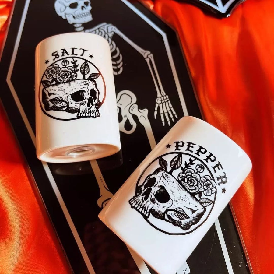 Floral Skull Tattoo Style Art Salt and Pepper Shakers | Food-Safe Ceramic Seasoning Dispensers