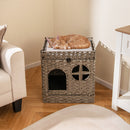 Foldable 2-tier Rattan Cat Litter Box Enclosure with Litter Mat-Grey