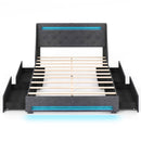 Full Size Bed Frame with LED Lights Wingback Headboard and Charging Station-Grey